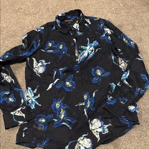 Banana Republic Black Floral Button-Up Blouse with Blue and White Accents